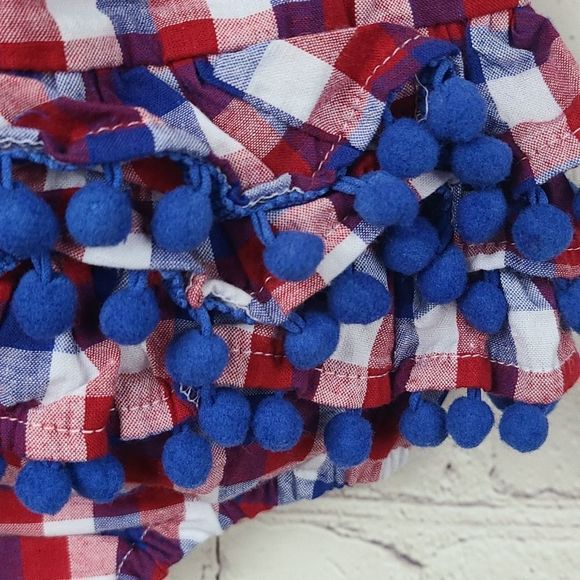 NWT Baby Girl 3M Red White Blue Plaid Pom Ruffle Bubble Romper Outfit 1pc - Picture 3 of 10